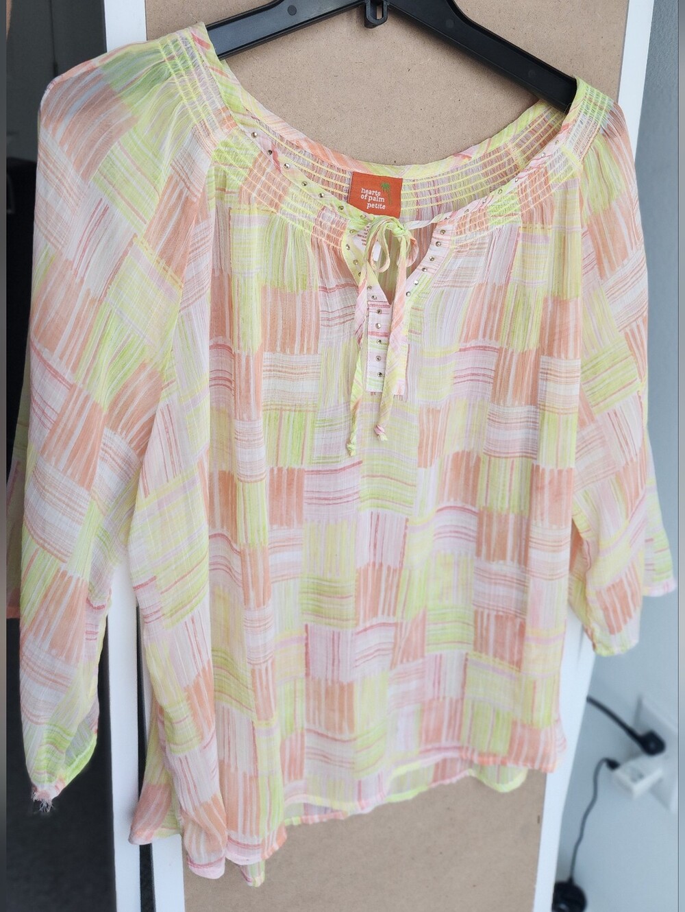 Hearts of Palm Petite Sheer Pastel Plaid Peasant Blouse PXL Studded Tunic Top